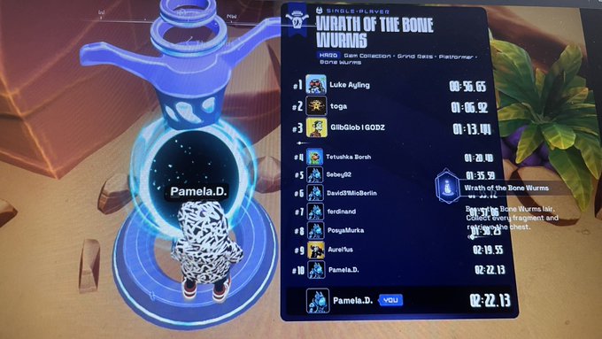 A video game leaderboard titled 'WRATH OF THE BONE WORMS' listing players and their completion times, with a character named Pamela.D. highlighted in 8th place.