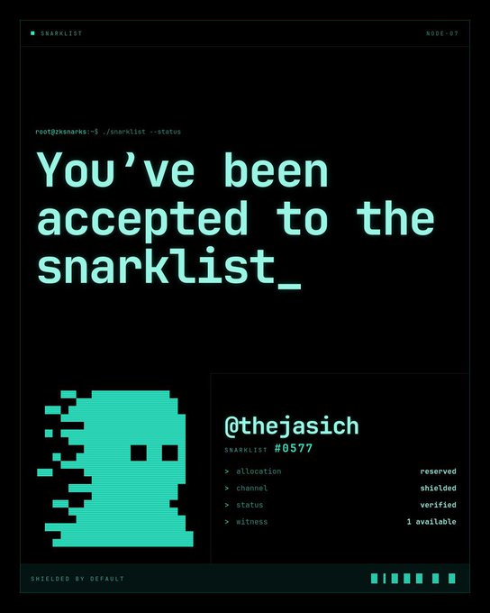 The image shows a terminal-style notification card for a project called "SNARKLIST" (NODE-07), displaying the message "You've been accepted to the snarklist_" in large teal text. It features the username "@thejasich" with the snarklist ID "#0577" and a pixelated glitch ghost/skull icon, along with status details: allocation (reserved), channel (shielded), status (verified), and witness (1 available). This relates to the post celebrating acceptance into the @zksnarks_ community, referencing zk-SNARKs (zero-knowledge cryptographic proofs) used in privacy-focused blockchains like Zcash, with the user humorously celebrating joining this exclusive "snarklist."