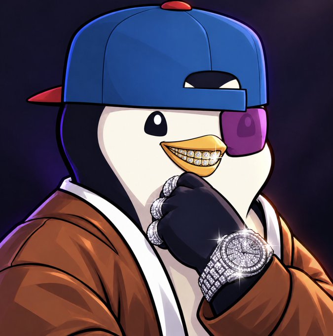 A cartoon penguin wearing a blue and red baseball cap, a brown jacket, and diamond-encrusted rings and watch, with a grill over its beak.