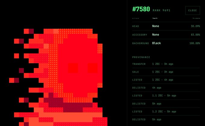 Screenshot of a pixel art NFT page showing item #7580 with rank 9691, head and accessory 'None' attributes, and provenance details including transfers and listings in ZEC.
