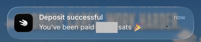 A blurred smartphone notification showing 'Deposit successful' and 'You've been paid [redacted] sats' from an app with a flame icon, timestamped 'now'.