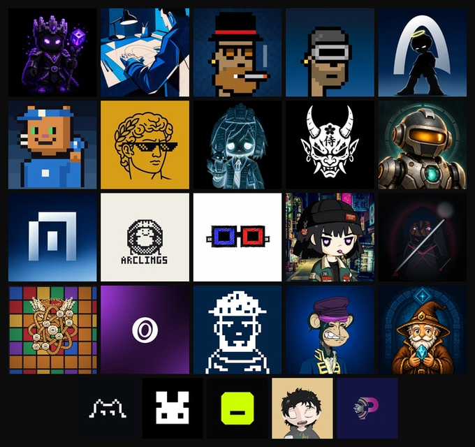 A 5x5 grid collage of NFT artwork thumbnails displayed in square tiles, featuring a diverse mix of pixel art, digital illustrations, and stylized character designs, with the word "ARCLINGS" visible on one tile, corresponding to the post about upcoming ArcMints NFT collections including "ARC: Blockborn," "The Arc Begins," and "Arc Punks."