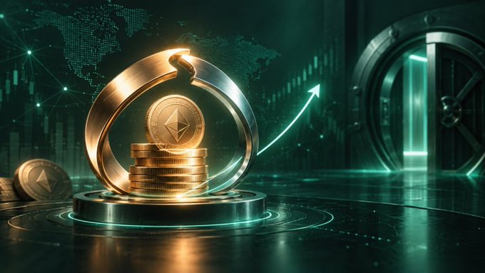 The image depicts the Ethereum logo symbol with golden coin stacks set against a vault backdrop and rising growth arrow, visually reinforcing dtcpay's $25M Series A funding led by SBI Group to fuel its stablecoin payment expansion.