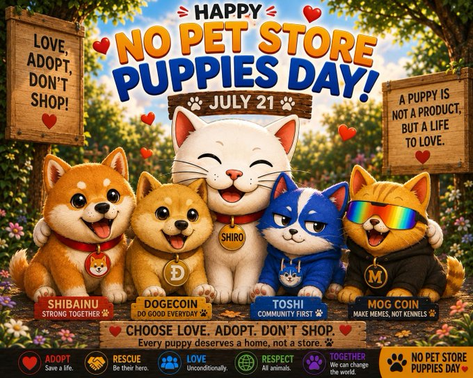 A cheerful cartoon scene features five animated pets—a Shiba Inu, Doge, a white cat named SHIRO, a blue-hoodied Toshi cat, and a rainbow-sunglasses-wearing orange cat labeled MOG COIN—gathered together under "Happy No Pet Store Puppies Day! July 21" banners, with signs reading "Love, Adopt, Don't Shop!" and "A puppy is not a product, but a life to love." The image visually unites the $SHIRO, $DOGECOIN, $TOSHI, and $MOG meme communities to promote the post's message of adopting rather than shopping for pets, with bottom tags highlighting "Adopt," "Rescue," "Love," "Respect," and "Together."