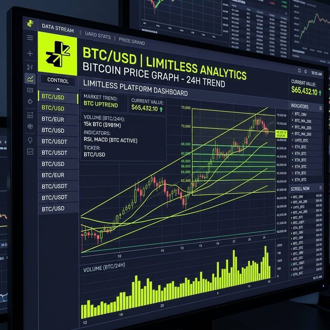 Bitcoin trading analytics dashboard showing BTC/USD price chart with current value $65,432.10, labeled "LIMITLESS ANALYTICS" with candlestick chart, trendlines, and volume bars.