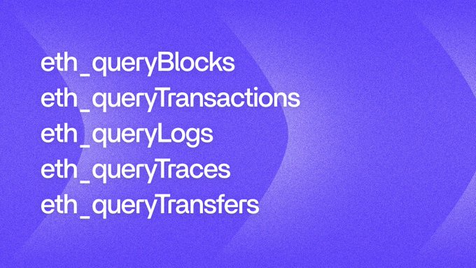 A purple graphic listing five Ethereum JSON-RPC method names: eth_queryBlocks, eth_queryTransactions, eth_queryLogs, eth_queryTraces, and eth_queryTransfers.