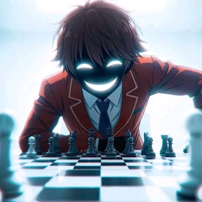 A shadowy anime figure with a glowing sinister grin looms over a chessboard, symbolizing a strategic or competitive mindset that complements the post's morning chess-themed "Gm" greeting and the determination to manifest a good day.