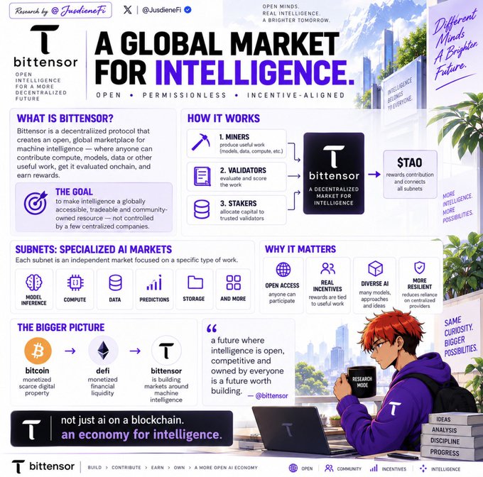 An infographic titled "A GLOBAL MARKET FOR INTELLIGENCE" about Bittensor, explaining it as a decentralized protocol for machine intelligence, featuring sections on miners, validators, and stakers, created by @JusdienFi.