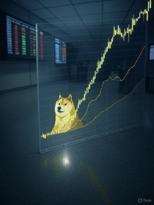 The image features a cartoon dog sitting behind a glass screen displaying a graph with a yellow line going up, indicating an upward trend. The text "Dogecoin will 70x. Watch out." is also present in the image. This suggests that there might be a connection between the Dogecoin cryptocurrency and its value increasing over time as indicated by the graph.