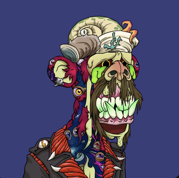 A grotesque, cartoonish digital illustration of a character with green drool, sharp teeth, a brown mustache, and a head composed of mismatched eyes and flesh against a dark blue background.