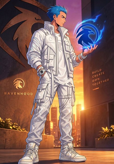 An anime-style illustration features a young man with spiky blue hair wearing an all-white tactical outfit, including a jacket with the word 'RAVENHOOD' on the chest patch, cargo pants, and chunky sneakers. He holds a glowing blue emblem of a bird's head in his left hand. The background shows a cityscape at sunset, with a large dark eagle logo, the text 'RAVENHOOD', and the slogan 'BUILD CREATE OWN TOGETHER'.
