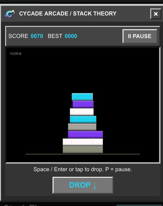 A screenshot of 'CYCADE ARCADE / STACK THEORY' shows a tower-stacking game on Floor 06 with a score of 0070, featuring a stacked tower of colored blocks and a 'DROP' button.