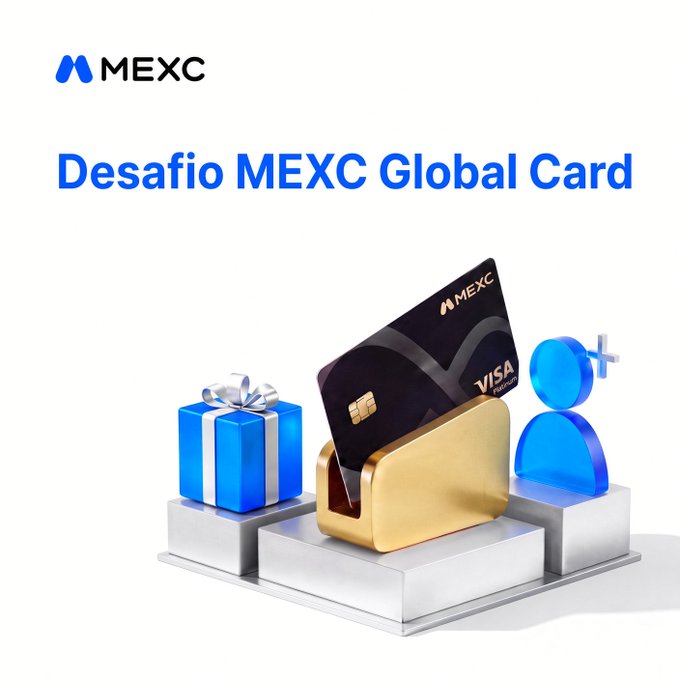 The image is a promotional graphic for "Desafio MEXC Global Card" featuring the MEXC logo, a Visa prepaid card displayed on a gold stand alongside a blue gift box and a blue user icon. It ties to the post by advertising a challenge where participants can win up to 20 USDT through this MEXC Global Card initiative.
