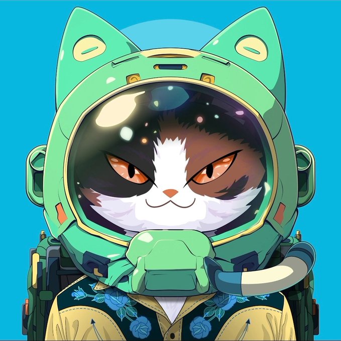 An illustration features a cat with orange eyes wearing a futuristic green astronaut helmet and a yellow jacket with rose embroidery on a blue background.