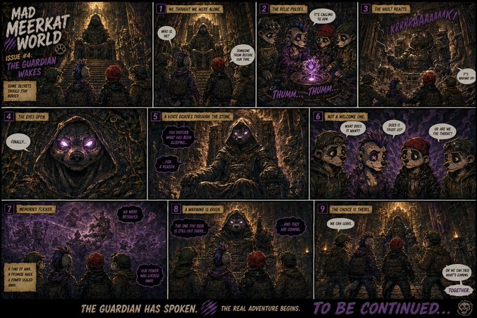 The image is a nine-panel comic strip titled "MAD MEERKAT WORLD, Issue #4: The Guardian Wakes," featuring anthropomorphic meerkats encountering a hooded, glowing-eyed guardian statue in a vault. The panels show dialogue including phrases like "The Drought! We were along," "The Kelp Pulse!," "The Veldt Reacts!," and culminating with the line "The Guardian has spoken. The real adventure begins... TO BE CONTINUED." This comic aligns with the post's narrative about a community-driven journey toward an MMB vault, serving as Episode #4 in what is planned to become a full comic book series.