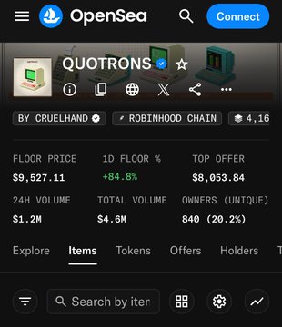 A screenshot of the OpenSea NFT marketplace page for the "Quotrons" collection, showing a floor price of $9,527.11, a 1D floor increase of +84.8%, and a top offer of $8,053.84 with $1.2M in 24H volume. The image illustrates the post's regret about missing Quotrons at $500, now seeing its price surge to nearly $9,500.