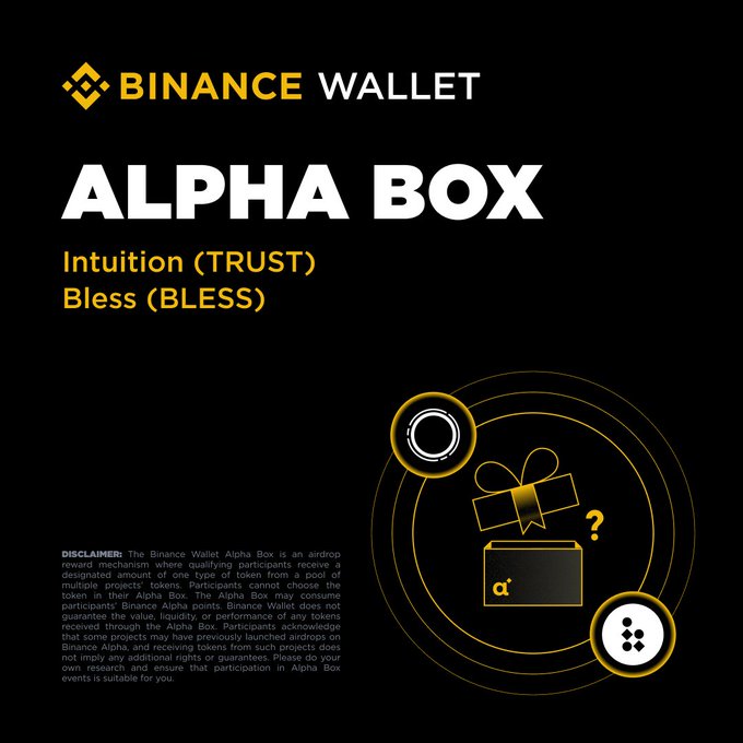 The image features a poster for the Alpha Box, which is an event that uses the updated Alpha Box model. The poster includes two logos - one representing Intuition (TRUST) and another symbolizing Bless (BLESS). The text on the poster indicates that users holding at least 245 Binance Alpha points can claim one token airdrop from the Alpha Events.