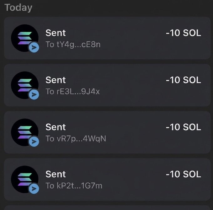 The image shows a transaction history from a Solana wallet displaying four "Sent" transactions of -10 SOL each to different recipients (addresses truncated as tY4g...cE8n, rE3L...9J4x, vR7p...4WqN, and kP2t...1G7m), serving as proof of the 10 SOL tips the poster claims to have sent out as part of their $35,000 giveaway promotion.