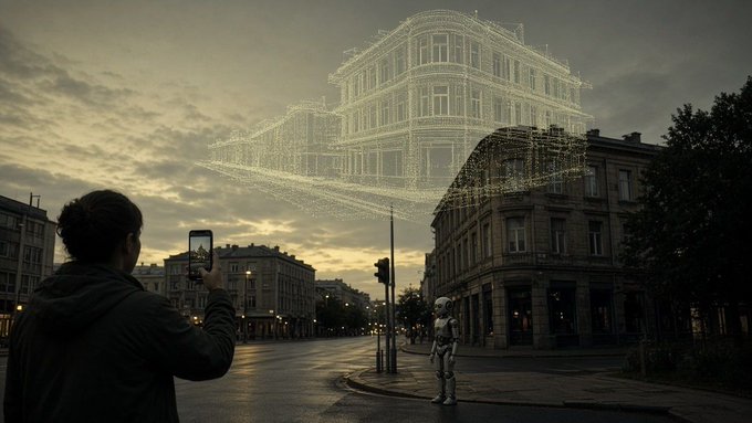 A surreal scene showing a person taking a photo with a smartphone of a holographic wireframe building floating above a street, with a robot standing nearby.