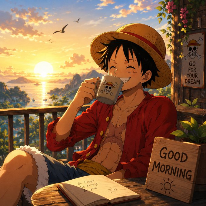 An anime illustration of Monkey D. Luffy from One Piece smiling while drinking from a mug on a balcony at sunset, with signs reading 'GO FOR YOUR DREAM' and 'GOOD MORNING'.
