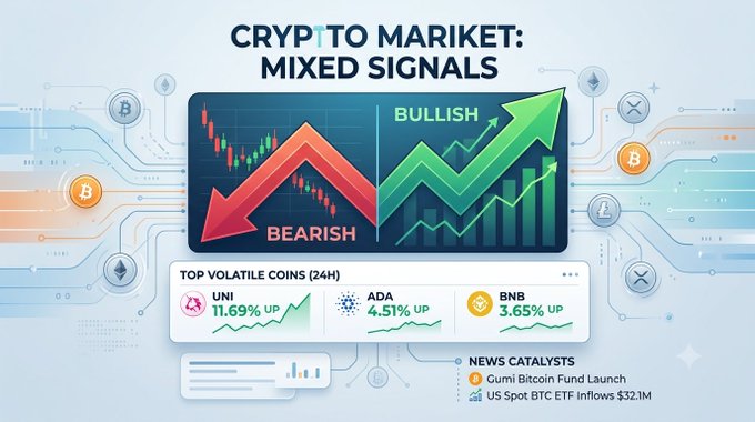 A crypto market infographic titled 'CRYPTO MARKET: MIXED SIGNALS' featuring bearish and bullish arrows, top volatile coins (UNI 11.69% up, ADA 4.51% up, BNB 3.65% up), and news catalysts including the 'Gumi Bitcoin Fund Launch' and 'US Spot BTC ETF Inflows $32.1M'.