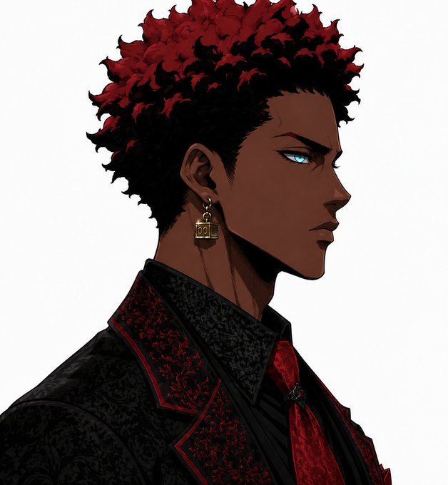 A stylized digital portrait of a dark-skinned character in profile with spiky red hair, blue eyes, a gold lock earring, and ornate dark clothing with red accents.
