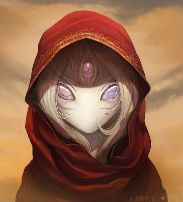 A digital painting depicts a pale, mystical figure with glowing purple eyes and a third eye on her forehead, draped in a red hooded cloak against a dusty sky, signed 'WHITEMANDIS 2015'.