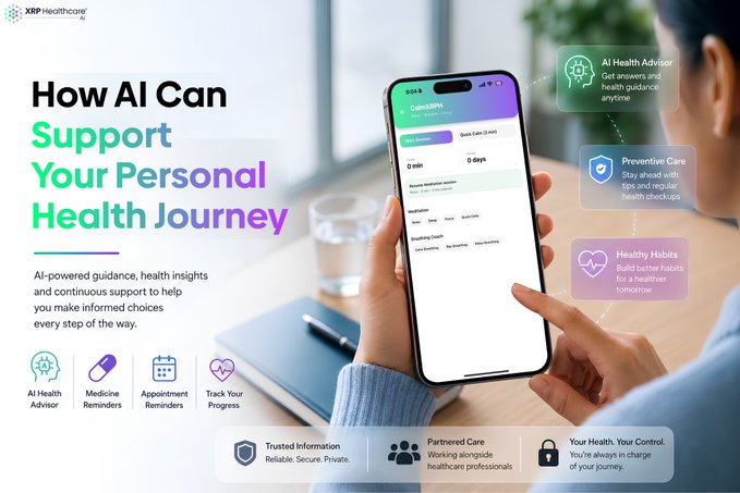 A hand holds a smartphone displaying the XRPH Healthcare AI app interface, featuring a dashboard with tabs for "Care Coach," "Preventive Care," "Healthy Habits," and an AI Health Advisor to deliver personalized health guidance.

The image illustrates XRPH AI's approach to addressing chronic disease by shifting healthcare from reactive treatment to proactive, AI-powered prevention—offering users health insights, reminders, and continuous support to build healthier habits before illness develops.
