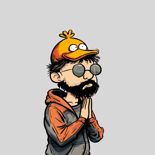 A cartoon-style illustration of a bearded man wearing sunglasses, a gray and orange hoodie, and a yellow duck hat with hands clasped in a prayer-like gesture.