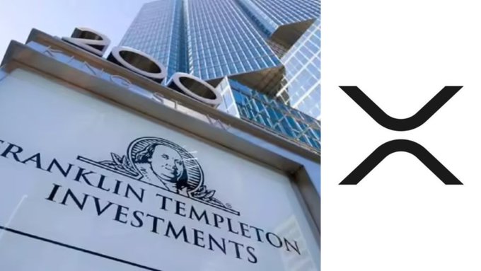 The image shows a sign for "Franklin Templeton Investments" in front of a tall skyscraper, paired with the XRP cryptocurrency logo. The visual reinforces the post's claim that the $1.5 trillion asset manager Franklin Templeton purchased an additional $5.66 million worth of XRP.