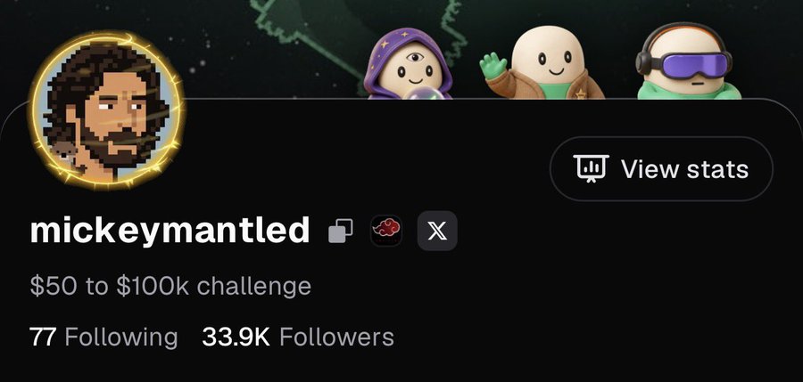 A streamer named "mickeymantled" celebrates hitting 33.9K followers on Pumpfun, surpassing the 30K milestone mentioned in his post, with his bio highlighting a "$50 to $100k challenge" goal.