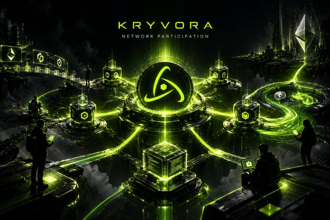 A futuristic sci-fi graphic titled 'KRYVORA NETWORK PARTICIPATION' featuring glowing green hexagonal platforms connected by energy beams, with a central triangular logo and silhouettes of people on platforms.