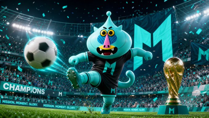 A teal mascot in an "M" jersey kicks a glowing soccer ball in a packed stadium, with a golden World Cup trophy displayed beside it, banners reading "CHAMPIONS" and "MISSION. MOMENT. GLORY." tying the championship spirit to the onchain world.