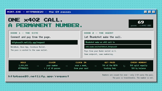 A retro computer window interface titled "MINT.EXE – HTTPBASE20 · the 69 passes" explaining a "ONE x402 CALL. A PERMANENT NUMBER." process with sections for "DOOR 1 – THE SITE" and "DOOR 2 – THE AGENT," noting the pass is transferable but the number is not.