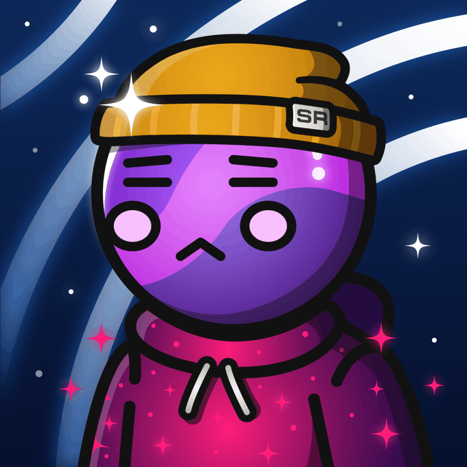 The image features a cartoon character wearing a purple hoodie, yellow beanie hat, and pink jacket with white stars. The character has a sad expression and is looking down at their hands. The background of the image is dark blue with white stripes, giving the impression that they are in space or on a spaceship. There is also text visible in the image, which reads "Space Riders #7786 just sold for 0.084 ETH". This suggests that the character might be a collector's item or a limited edition item being sold online.