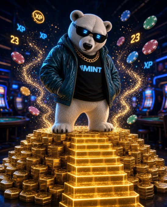 A promotional image of a polar bear mascot wearing sunglasses and a gold chain on a 'MINT' t-shirt, standing on a golden pyramid of coins surrounded by XP tokens.