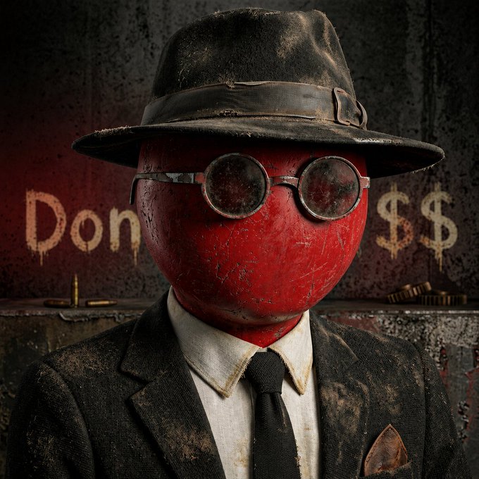A figure in a red mask, dark fedora, and round glasses poses against a grungy backdrop featuring "Don" and "$$" graffiti, evoking the aesthetic of "Money Heist" to align with the creator's NFT watchlist that references @moneyheistonRH and other crypto/NFT projects.