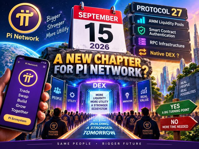 A promotional graphic for Pi Network featuring the date "September 15, 2026," highlighting "Protocol 27" with key features like "AMM Liquidity Pools," "Smart Contract Authentication," and "RPC Infrastructure," while posing the question of whether a Native DEX launch could mark "A New Chapter for Pi Network," complemented by smartphone visuals and a cityscape backdrop with crowds of "Pioneers" marching toward a "Stronger Tomorrow."