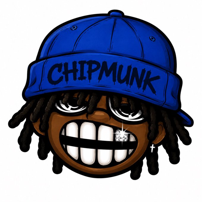 A cartoon character with dreadlocks, a grill, and a small cross earring wears a blue baseball cap displaying the text "CHIPMUNK," serving as a stylized promotional mascot for the NFT collection mentioned in the post.