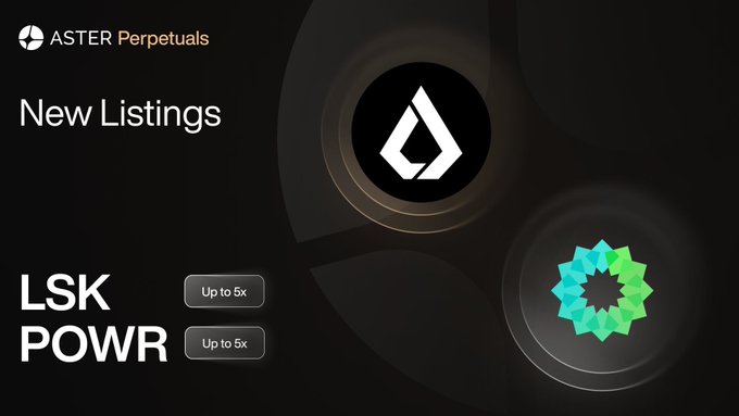 Promotional graphic for Aster Perpetuals announcing new listings of LSK and POWR tokens, each available with up to 5x leverage.