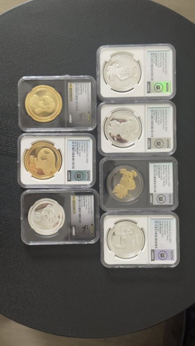 Seven graded Chinese coins in NGC slabs are arranged on a black textured surface, featuring various designs including pandas and commemorative imagery.