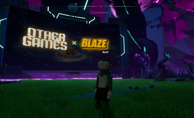 A character named "Balt" stands in a grassy field in front of a large sign reading "OTHER GAMES × BLAZE" under a "Pulse District" label, promoting a Otherside event powered by ApeCoin.