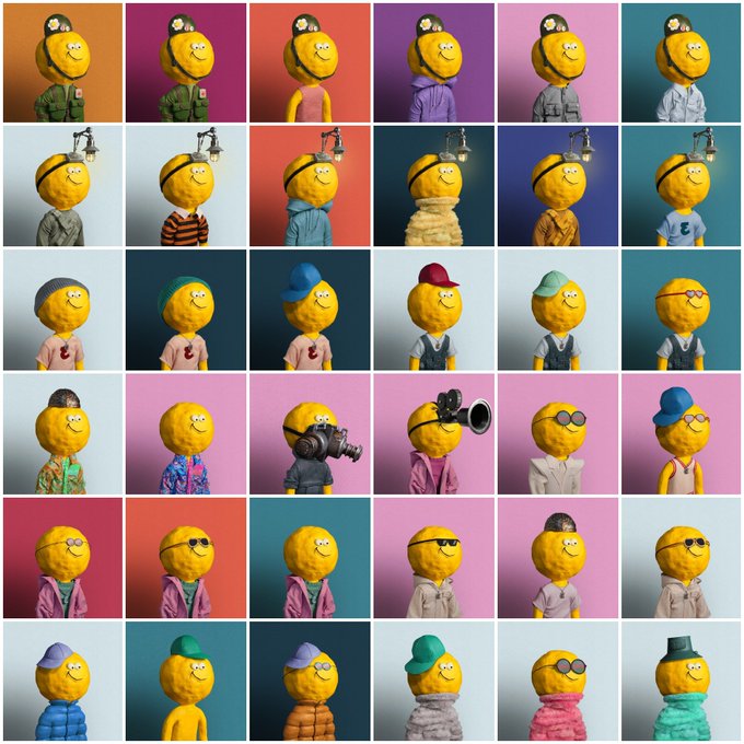 A grid of various pixel-art avatars featuring yellow smiley faces with different accessories like hats, glasses, and gas masks, all wearing different colored hoodies.