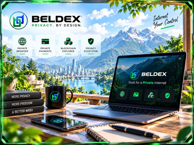 A promotional graphic for BELDEX, a privacy-focused web3 platform, highlighting features like private browser, payments, blockchain explorer, and privacy ecosystem against a mountain landscape with a laptop displaying the website.