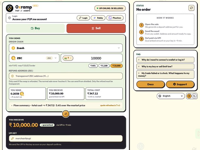 A screenshot of the 0xRamp FIAT <> ASSETS crypto exchange platform, showing a trade interface for selling 10,000 ZEC (Zcash) via UPI with current market rates displayed.