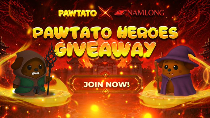 A promotional banner for 'PAWTATO X NAMLONG PAWTATO HEROES GIVEAWAY' displays two cartoon dog characters dressed as a wizard and a warrior against a fiery red Asian temple background, with a 'JOIN NOW!' call-to-action button.