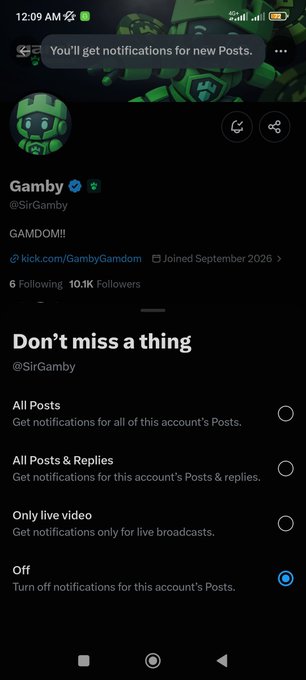A screenshot of an X (Twitter) profile for 'Gamby' (@SirGamby) showing notification settings with 'Off' selected.