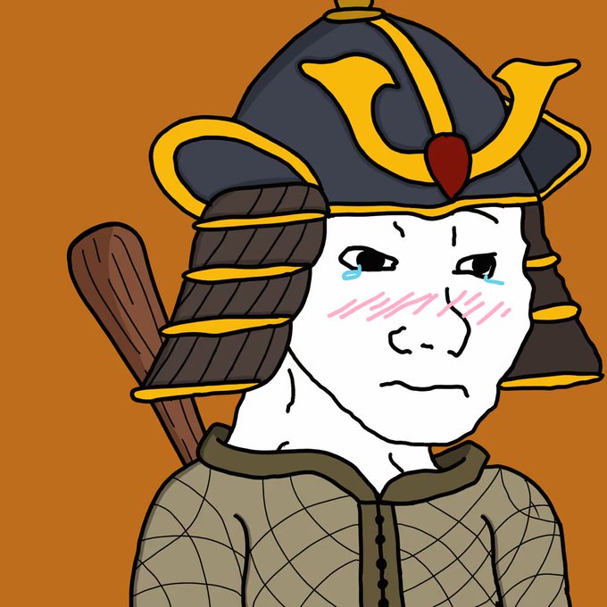 A cartoon illustration of a crying samurai wearing a traditional kabuto helmet with golden ornaments, set against an orange background.