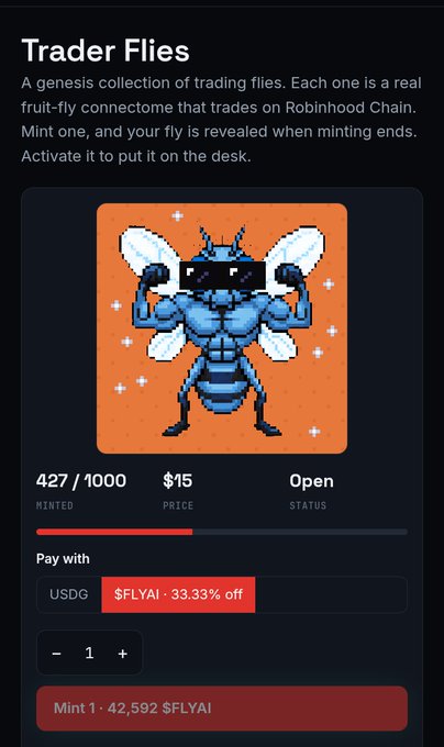 A mobile app interface displaying a 'Trader Flies' genesis NFT collection on Robinhood Chain, featuring a pixel-art blue fly character priced at $15, with 427/1000 minted.