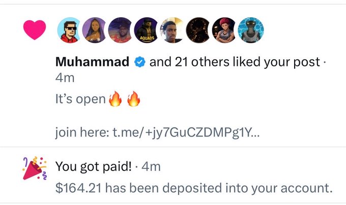 The image shows a screenshot of an Instagram post featuring a comment section where "Muhammad" and 21 others liked a post, with a link to join a Telegram group and a payment of $164.21 deposited into an account. This visually supports the claim of earning money through social media activity, with the notification confirming the $164.21 deposit over 2 weeks.